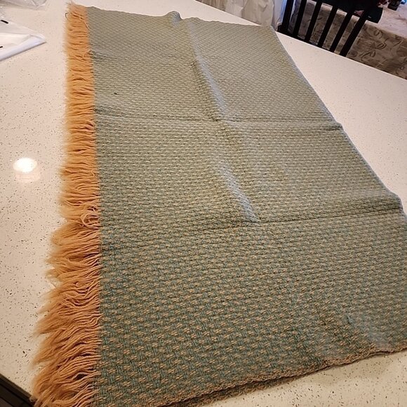 Vintage 60s Pendleton 100% Wool Blanket 52"x46" Green Tan Waffle Check Fringe - Picture 5 of 5